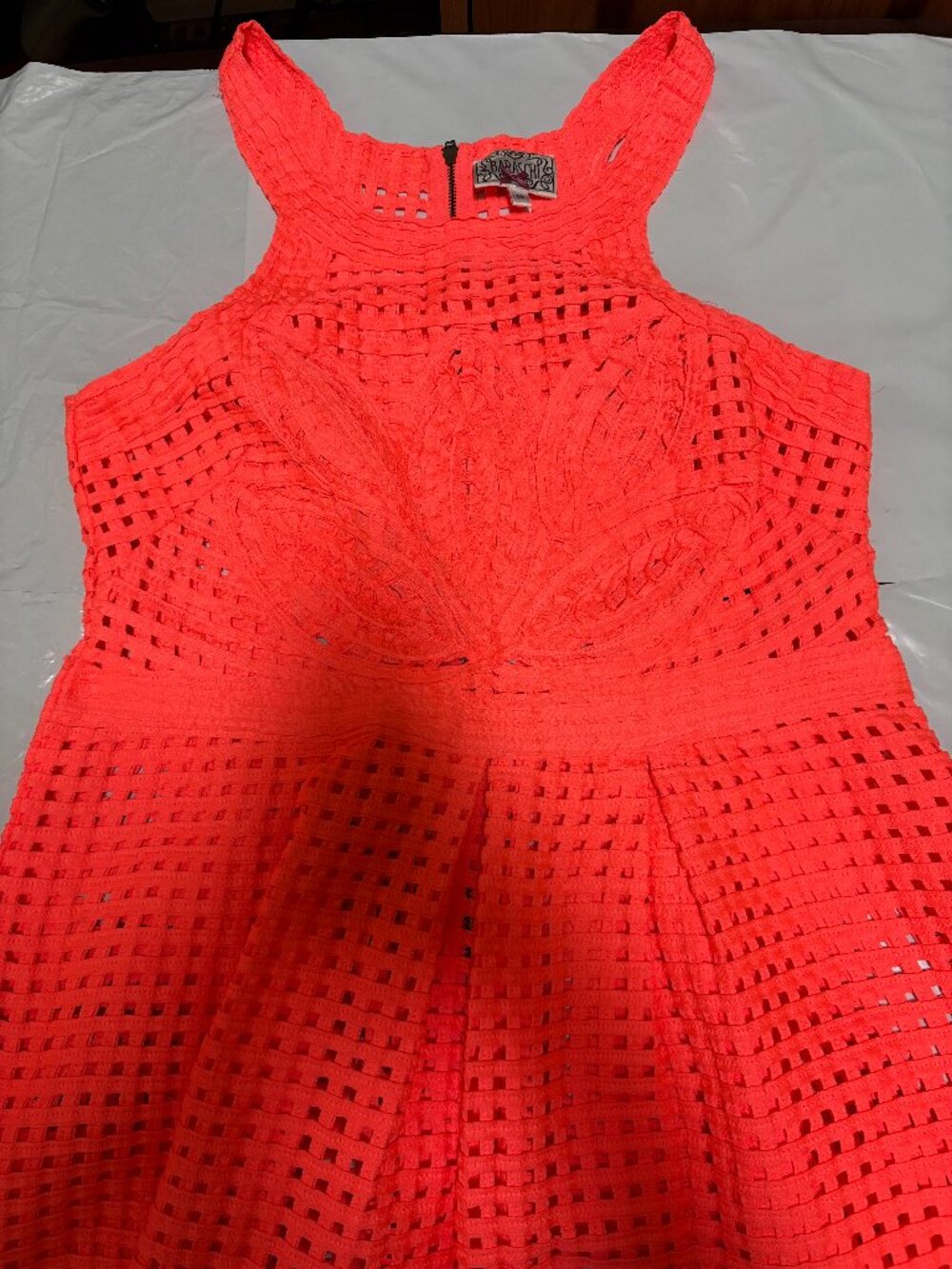 Yoana Baraschi Anthropologie Neon Coral Pink Orange Lace Dress Size 14 $285